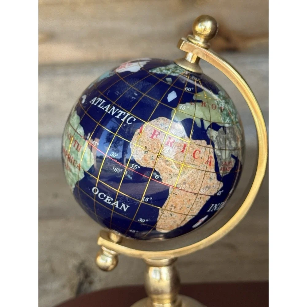 Vintage Gemstone World Globe Bookends, Brass meridian on Wood base